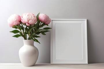 Rectangular vertical frame  and piones vase with peonies mockup in scandi style interior.Generated by AI