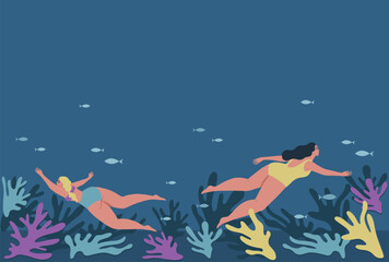 Summer underwater background with sea life, plants, fishes, swimming woman. Sea bottom. Vector illustration