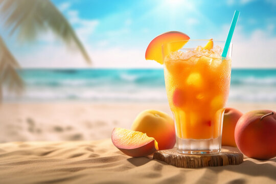 Glase of summer peache cocktail  and peaces of peache on the beach background at sunny day,AI generated	