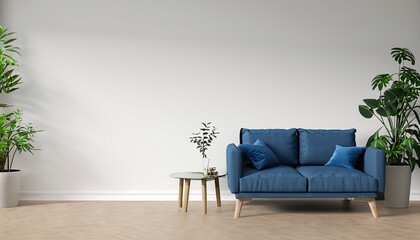Photo empty living room with blue sofa, plants and table on empty white wall background, 3d rendering 