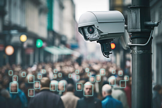 High-tech security camera in a busy street using facial recognition technology to monitor the population