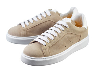 Fashionable modern sneakers made of beige suede, lace-up, with a massive shock-absorbing sole, isolated on a white background. - 617371830