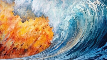 A big breaking ocean wave with white foam. Tropical sunset background. Sunset. Generative AI. Illustration for banner, poster, cover, brochure or presentation.