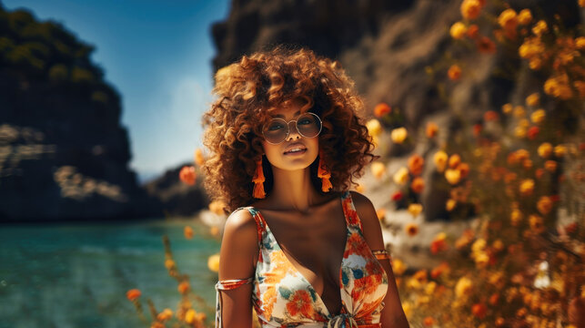 Portrait of a beautiful young woman with afro hairstyle in a floral dress on the background of the sea and mountains. Generative AI.