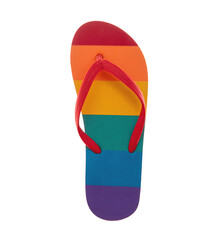 Rainbow color flip flop isolated on transparent, top view. Summer vacation beach footwear, PNG,