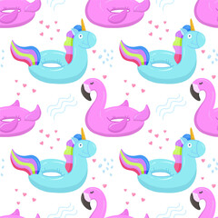 Inflatable swimming circle with a blue unicorn, flamingo. Inflatable rubber toys for water and beach. Seamless vector pattern on summer and marine themes.