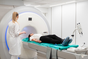 Medical CT or MRI Scan in the modern hospital laboratory. Interior of radiography department....