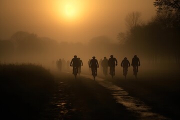 Fototapeta na wymiar A cyclists races at sunset in difficult cross-country conditions . Generative AI
