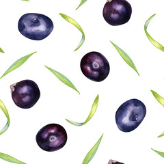 Acai berries and palm leaves watercolor seamless pattern isolated on white. Exotic amazon small purple berries, tropical fruit hand drawn. Design for packaging, wrapping, textile, background, paper