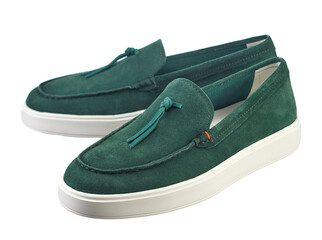 Fashionable modern sneakers made of emerald green suede, without lacing, with a shock-absorbing sole, isolated on a white background. - 617373027