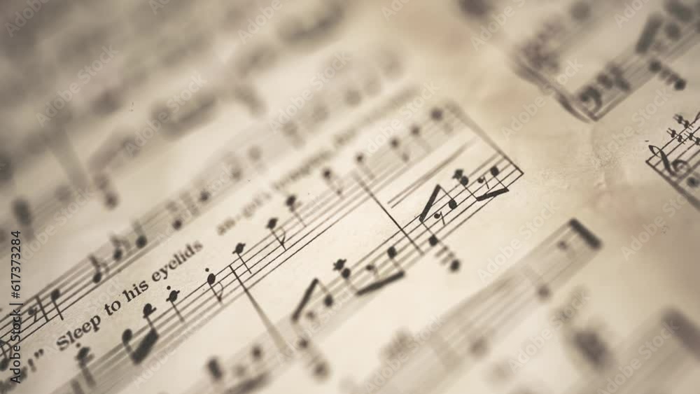 Poster vintage music partition score background/ 4k motion graphics of a vintage close up of old music part