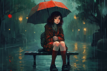 A sad lonely girl with an umbrella is sitting on a bench in the rain in a night city. Generative AI. - 617373210