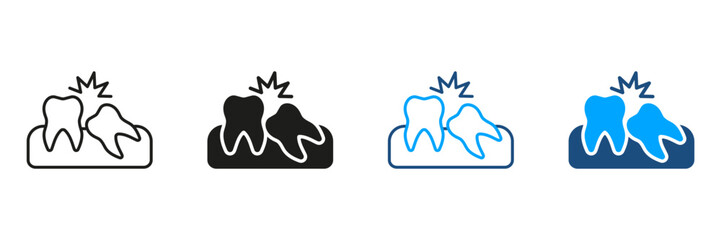 Wisdom Tooth Disease Symbol Collection. Crooked Teeth Silhouette and Line Icons Set. Oral Care, Malocclusion Medical Problem Pictogram. Dental Treatment, Dentistry Sign. Isolated Vector Illustration