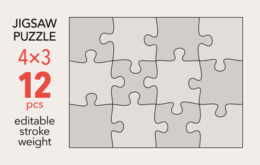 Empty jigsaw puzzle grid template, 4x3 shapes, 12 pieces. Separate matching puzzle elements. Flat vector illustration layout, every piece is a single shape