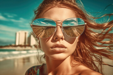 Portrait of woman with sunglasses at summer enjoy vacation. Generative ai image