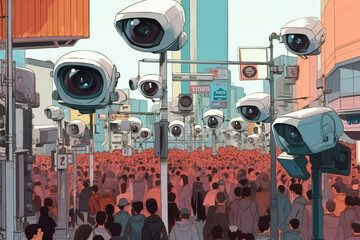 Mass surveillance concept, multiple security cameras observing crowded city street from above - obrazy, fototapety, plakaty