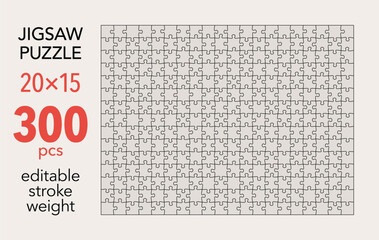 Empty jigsaw puzzle grid template, 20x15 shapes, 300 pieces. Separate matching puzzle elements. Flat vector illustration layout, every piece is a single shape.