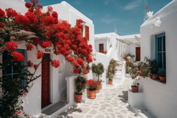 Greek street, whitewashed houses, beautiful red liana flowers, path to the sea. Generative AI