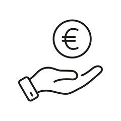 Euro Coin in Human Hand Line Icon. Save Money Sign. Salary, Finance Payment Linear Pictogram. Business Wealth Outline Symbol. Financial Economy. Editable Stroke. Isolated Vector Illustration