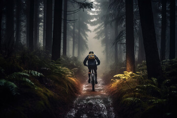 Man riding ahead on mountain bike in the forest at rain. Generative ai image