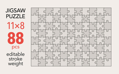 Empty jigsaw puzzle grid template, 11x8 shapes, 88 pieces. Separate matching puzzle elements. Flat vector illustration layout, every piece is a single shape.