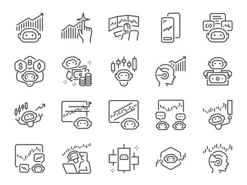AI trading icon set. It included trade, stocks, algorithm,  bot, forex, and more icons. Editable Vector Stroke.
