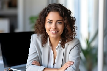 young attractive business woman sitting at desk in office and smiling confidently into camera - theme management, equality or education - Generative AI