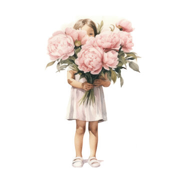 the girl shyly covered her face with a bouquet of flowers on a white background hand-drawn in watercolor. postcard congratulation. Generative AI 