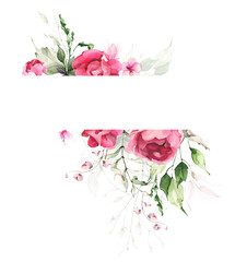 Watercolor painted floral frame template. Green and pink background with branches, leaves, flowers. 
