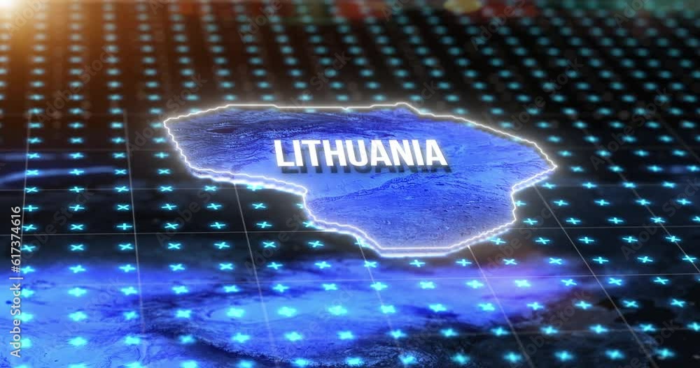 Fototapete Dark digital map, location of Lithuania and hologram on blue light hud, pin or 3d rendering. Technology, data and matrix of global position on radar grid, virtual reality or country grid coordinate.