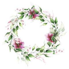 Obraz na płótnie Canvas Delicate greenery watercolor painted Wreath with branches, green and pink leaves, violet flowers. Wedding ready design.