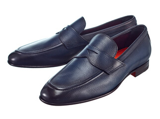 Beautiful pair of classic men's shoes made of high-quality dark blue leather, with a leather sole, isolated on a white background. - 617374663
