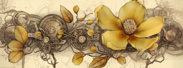 floral, vintage background, flover, products, enginer, generative, ai, steampunk, background, clockwork, brooch, jewelry, wight, yellow