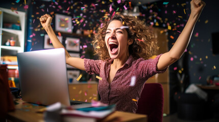 Happy young businesswoman celebrating success throwing confetti overhead sitting at desk in home office, Generative AI