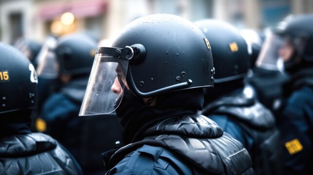 police in full gear on the street. police in hardhats, hard hats and body armor fighting against protests or riots.Generative AI