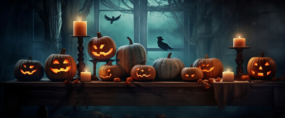 pumpkin fear horror halloween mystery night blue table evil background october. Generative AI.