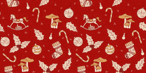 Christmas seamless pattern in red, yellow, tan beige. Original illustration pattern design for Christmas Eve or New Year celebration. Perfect for gift, web banner, card, poster, etc.