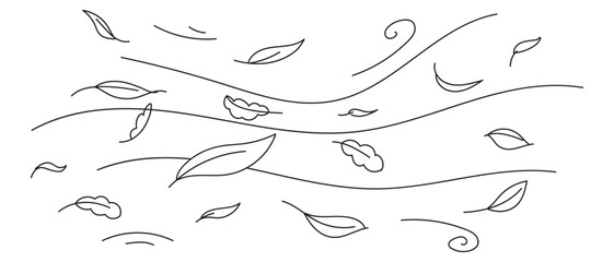 Doodle wind carrying fallen leaves. Line art vector isolated illustration - obrazy, fototapety, plakaty