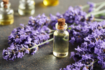 A bottle of essential oil with blooming lavender plant on a table