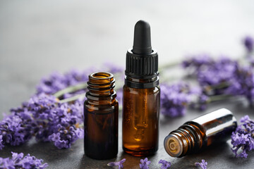 Bottles of essential oil with blooming lavender plant on a table