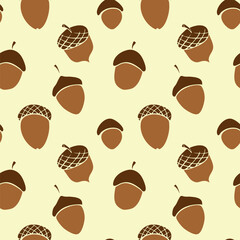 Seamless pattern with oak acorns. Vector color texture in flat style. Concept of forest, nature, thanksgiving.