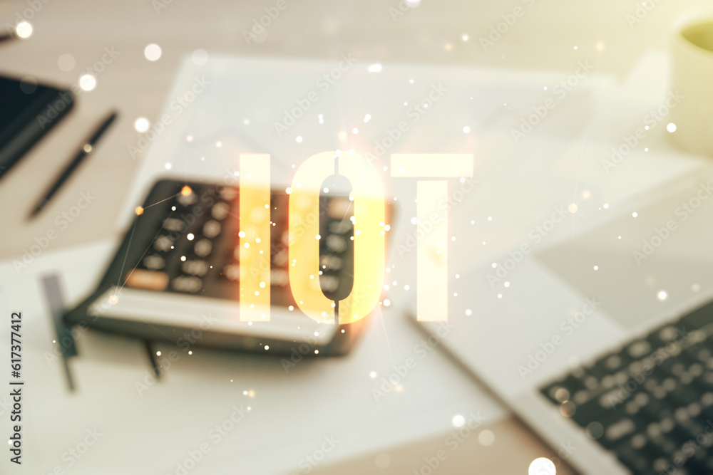 Poster Double exposure of abstract virtual IOT hologram on blurry calculator with laptop background, research and development concept