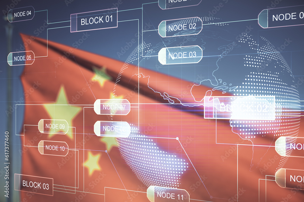 Poster multi exposure of abstract software development hologram and world map on chinese flag and blue sky 