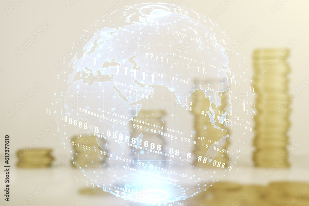 Poster double exposure of abstract creative programming illustration and world map on growing coins stacks 