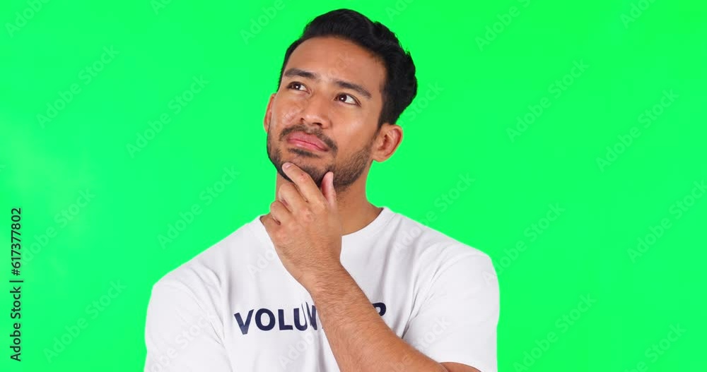 Aufkleber thinking, idea and man in a studio with green screen for dreaming, memory or planning facial express
