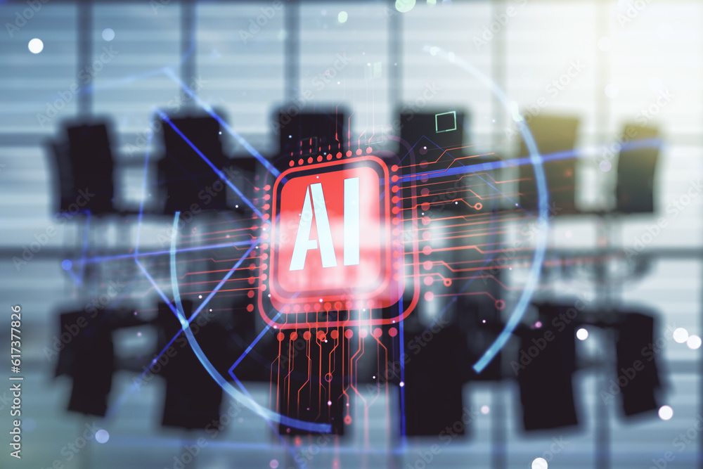 Aufkleber Double exposure of creative artificial Intelligence abbreviation hologram on a modern boardroom background. Future technology and AI concept