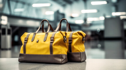 Fototapeta premium Chic luggage awaits, aligned at the private gate. Ahead, an elegant jet signals the promise of a stylish journey to an undisclosed destination. Generative AI