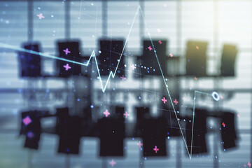 Abstract virtual concept of heart pulse illustration on a modern conference room background. Medicine and healthcare concept. Multiexposure