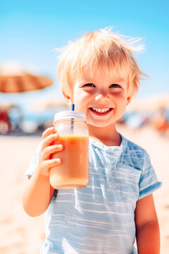 happy Boy drinking organic smoothie at the beach vertical ai generated art