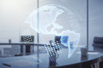 Virtual digital map of North America on a modern conference room background, international trading...